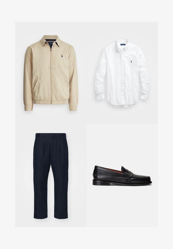 Veste zippée beige clair avec un col, des poches latérales, une taille élastique et un petit logo bleu marine sur la poitrine. Texture lisse.; Chemise blanche à manches longues en coton. Dotée d'un col classique, de poignets à boutons et d'un petit logo brodé bleu marine sur la poitrine.; Pantalons en lin navy avec une coupe droite, présentant des plis à l'avant et une texture lisse. Comprend des passants de ceinture et des poches latérales.; Mocassins en cuir noir à finition lisse, bout arrondi et bande décorative sur le dessus. Ils présentent une semelle noire basse.