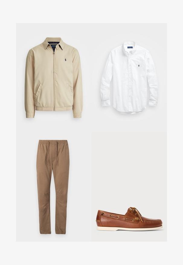 Lys beige zip-up jakke med krage, sidelommer, elastisk liv, og en liten marineblå logo på brystet. Glatt tekstur.; Hvit langermet skjorte i bomull med knapper. Har en klassisk krage, knappe mansjetter og en liten marineblå brodert logo på brystet.; Brune bomullsblandingsbukser med elastisk midjebånd, justerbar snor, og tapered cuffs. Jevn tekstur, uten synlige mønstre eller maskinvare.; Brune lærbådssko med snørebånd, gyldne øjer og cremet gummisål. Designet med et hævet sy-mønster på tåen.