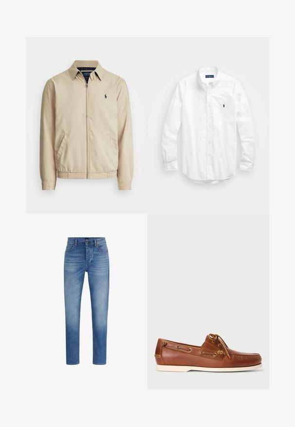 Svetlo bež zip-up jakna z ovratnikom, stranskimi žepi, elastičnim pasom in majhnim mornarsko modrim logotipom na prsih. Gladka tekstura.; Bela dolg rokav srajca s gumbi iz bombaža. Ima klasičen ovratnik, gumbnice na zapestjih in majhen temno moder vezen logotip na prsih.; Modre kavbojke z ravno krojenjem, srednjim pasom, subtilnim zbledelostjo in klasičnim petim žepnim stilom. Imajo gumbasto zapiranje.; Rjave usnjene čolnarice z vezalkami, zlatimi luknjicami in smetanasto gumijastim podplatom. Oblikovane z dvignjenim šivnim vzorcem na konici.