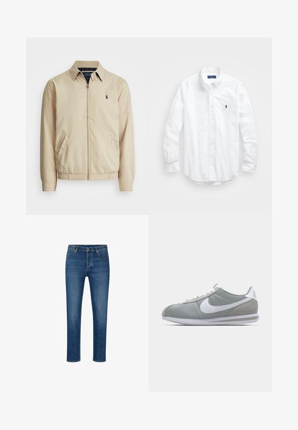 Vaaleanbeige vetoketjullinen takki, jossa on kauluskinkin, sivutaskut, joustava vyötärönauha ja pieni laivansini logo rinnassa. Sileä pinta.; Valkoinen pitkähihaisessa napitetussa paidassa, joka on valmistettu puuvillasta. Siinä on klassinen kaulus, napilliset hihansuut ja pieni tummansininen brodeerattu logo rinnassa.; Siniset farkut, joissa on suora malli. Niissä on viisi taskua, vyölenkit ja napkiinnitys. Vaaleaa kulumista ja kontrastivärjäystä.; Harmaa urheilujalkine, jossa on mokka- ja tekstiilipäällinen, valkoinen Nike-tikkukiinnitys ja valkoiset nauhat. Varusteena on kuvioitu kumipohja ja pehmustettu nilkkaosa.