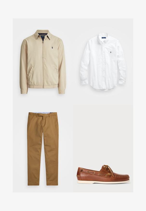Casaco zip-up de bege claro com gola, bolsos laterais, cintura elástica e um pequeno logotipo azul-marinho no peito. Textura suave.; Camisa de botões de manga longa branca em algodão. Apresenta um colarinho clássico, punhos com botão e um pequeno logótipo bordado em azul-marinho no peito.; Chinos castanhos feitos de algodão leve. Apresentam uma frente lisa, passantes para cinto e bolsos laterais. Textura suave com um corte limpo e ajustado.; Sapatilha de barco em pele castanha com atacadores, ilhós dourados e sola em borracha clara. Projetada com um padrão de costura elevada na ponta.