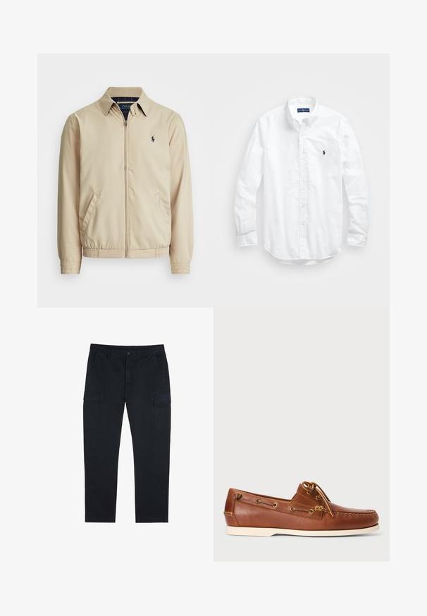 Lichtbeige ritsjack met een kraag, zijzakken, een elastische tailleband en een klein marineblauw logo op de borst. Soepele textuur.; Witte lange mouwen overhemd van katoen. Voorzien van een klassiek kraag, knopenmanchetten en een klein marineblauw geborduurd logo op de borst.; Scalpers Cargobroek - navy; Bruine leren boot-schoen met veters, gouden oogjes en crèmekleurige rubberen zool. Ontworpen met een verhoogd stikselpatroon op de teen.