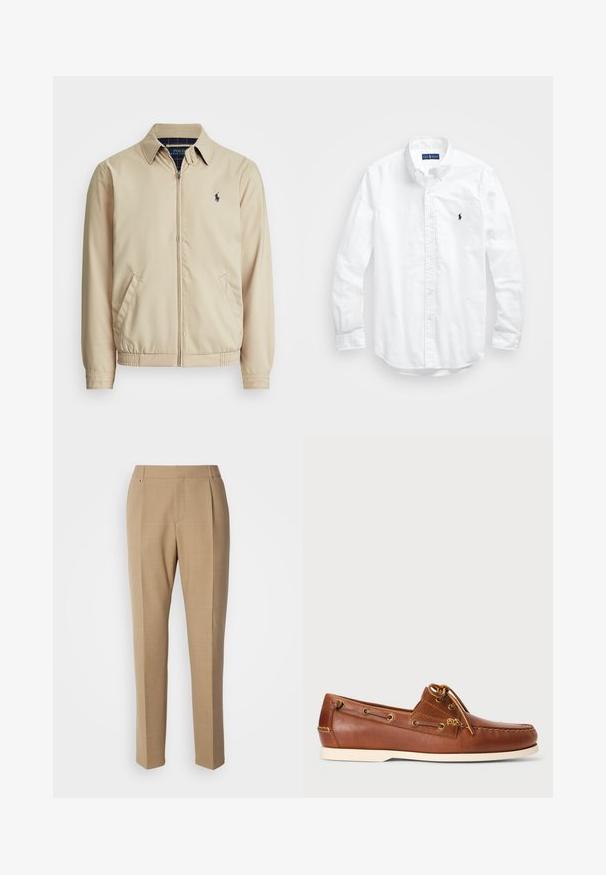 Lys beige zip-up jakke med krage, sidelommer, elastisk liv, og en liten marineblå logo på brystet. Glatt tekstur.; Hvit langermet skjorte i bomull med knapper. Har en klassisk krage, knappe mansjetter og en liten marineblå brodert logo på brystet.; Kaki skreddersydde bukser med flat front, rette ben, subtil tekstur og to frontlommer. Har et elegant, minimalistisk design.; Brune lærbådssko med snørebånd, gyldne øjer og cremet gummisål. Designet med et hævet sy-mønster på tåen.