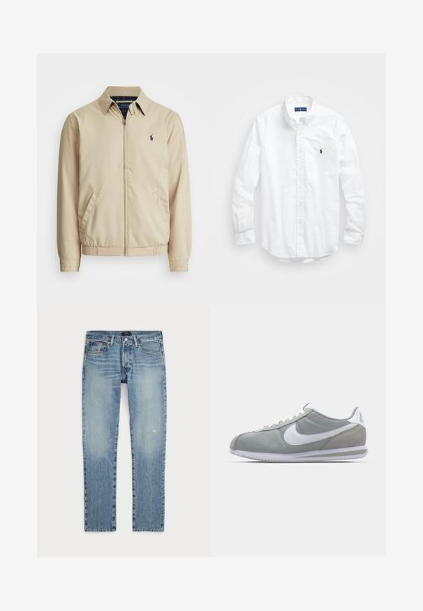 Casaco zip-up de bege claro com gola, bolsos laterais, cintura elástica e um pequeno logotipo azul-marinho no peito. Textura suave.; Camisa de botões de manga longa branca em algodão. Apresenta um colarinho clássico, punhos com botão e um pequeno logótipo bordado em azul-marinho no peito.; Jeans de denim azul claro com corte reto, apresentando um efeito desbotado, leve desgaste à frente e design padrão de cinco bolsos.; Sapatilha atlética cinza com um cabedal em camurça e têxtil, símbolo Nike branco e atacadores brancos. Apresenta uma sola de borracha texturizada e colarinho acolchoado.