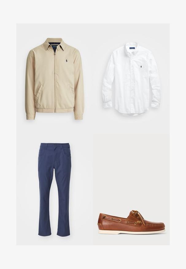 Helle beige Zip-Jacke mit Kragen, seitlichen Taschen, elastischem Bund und kleinem marineblauen Logo auf der Brust. Glatte Textur.; Weißes Langarm-Hemd aus Baumwolle mit Knopfleiste. Es zeichnet sich durch einen klassischen Kragen, Knopfmanschetten und ein kleines, navyblaues gesticktes Logo auf der Brust aus.; Dunkelblaue Hose aus glattem Stoff, mit traditionellem Schnitt, Vordertaschen, Knopfverschluss und geraden Beinen.; Braune Lederbootsschuhe mit Schnürung, goldenen Ösen und cremefarbener Gummisohle. Mit einem erhöhten Steppmuster an der Zehe gestaltet.