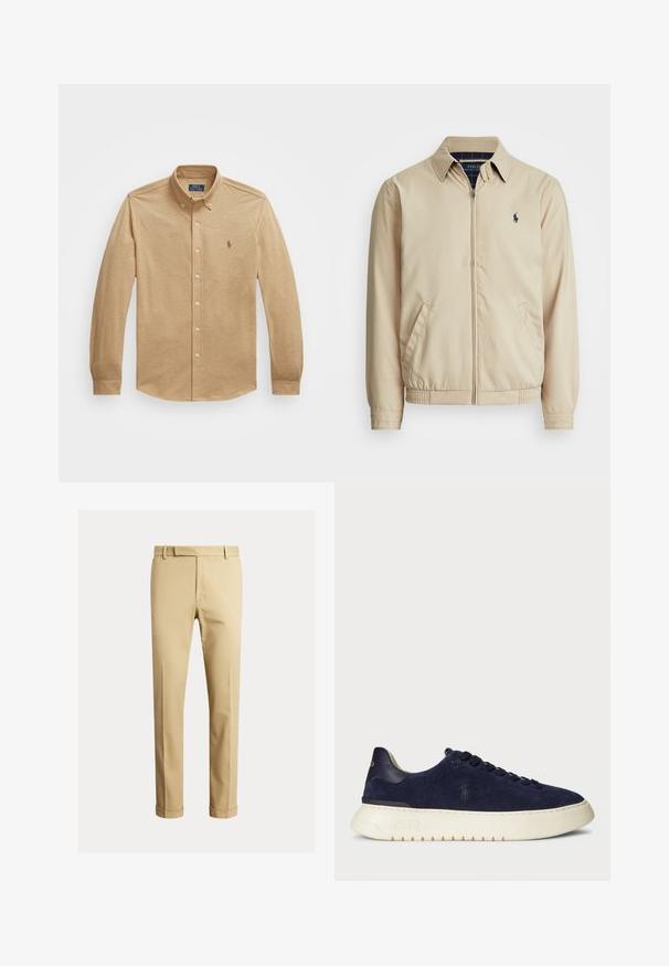 Lys beige zip-up jakke med krage, sidelommer, elastisk liv, og en liten marineblå logo på brystet. Glatt tekstur.; Lysebrun langermet skjorte med knapper laget av mykt stoff; har en spiss krage og en liten logo på venstre bryst.; Kaki chinos laget av glatt bomullsstoff, med en tettsittende design, frontplisseringer og mansjetter ved ankelen for en smalere look.; Marineblå semsket lavsko med en teksturert overflate, gummisåle og tonede snører, med en liten logo på siden og hælen.