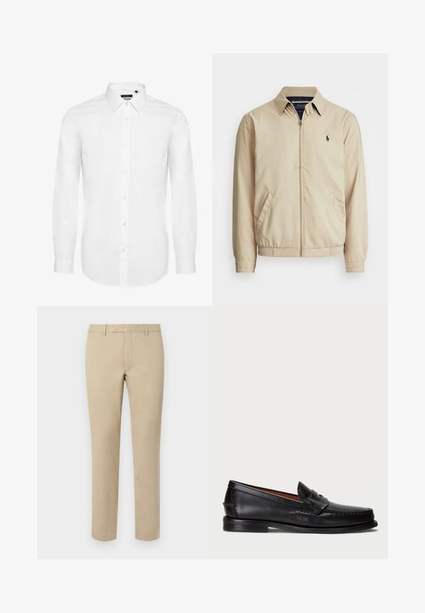 Jasnobeżowa kurtka zapinana na zamek z kołnierzykiem, bocznymi kieszeniami, elastycznym pasem i małym granatowym logo na piersi. Gładka faktura.; Biała koszula z długim rękawem wykonana z tkaniny tkanej, z kołnierzykiem zapinanym na guziki, przodem z listwą na guziki oraz rękawami z mankietami. Minimalistyczny design.; Beżowe spodnie bawełniane o prostym kroju, z paskami do pasa, gładkim przodem i wykończonymi nogawkami. Gładka tekstura i minimalne detale.; Czarne skórzane mokasyny z okrągłym czubkiem, przeszyciami na detalach oraz ozdobnym paskiem z przodu. Płaska podeszwa o minimalistycznym profilu.