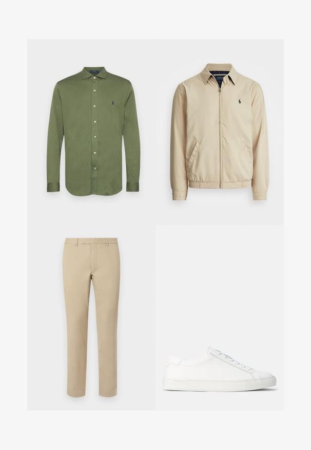 Helebeige tõmblukk-jakk, millel on kraega kaelus, küljetaskud, elastne vöökoht ja väike tumesinine logo rinnal. Sile tekstuur.; Õlivääris pikkade varrukatega särg, mis on valmistatud puuvillast, millel on nööbiga krae, esitasku nööpidega ja väike tikandiga logo rinna piirkonnas.; Beezikadest puuvillased püksid sirge lõikega, millel on vöörihmade aukud, lapitekinne ja kohandatud äärised. Sile tekstuur ja minimaalne detailide jagamine.; Valged nahast tennisekotid sujuva tekstuuri, ümar kuju, lamedad kummitaldad ja valged nöörid. Omab minimalismi ning peent brändimist.