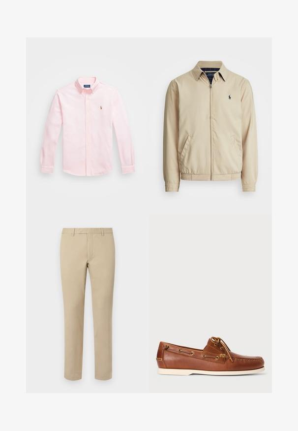 Šviesiai smėlinis zip-up tipo džemperis su apykakle, šoninėmis kišenėmis, elastinga juosta ir mažas tamsiai mėlynas logotipas ant krūtinės. Lygus paviršius.; Šviesiai rožinė medvilninė marškiniai su mygtukais, klasikine apykakle, ilgomis rankovėmis ir siuvinėtu logotipu kairėje krūtinės pusėje.; Šviesiai rudos medvilninės kelnės tiesaus kirpimo, su diržo kilpomis, plokščiu priekiu ir siuvinėtomis apvadomis. Lygi tekstūra ir minimalus detalizavimas.; Rudos odinės valtinės bateliai su raišteliais, auksinėmis akytėmis ir kreminiu guminiais padu. Sukurta su pakeltu siuvinėjimu ant piršto.