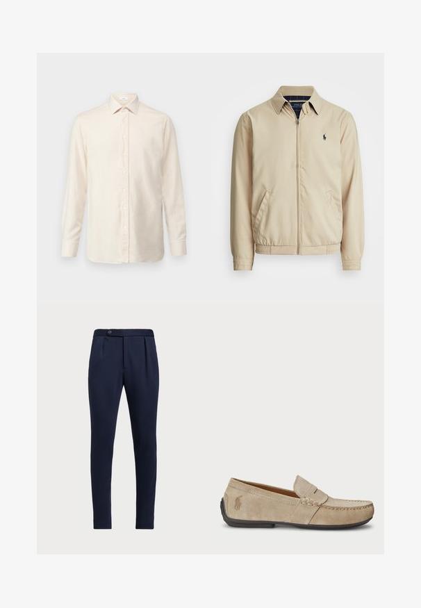 Gai smilškrāsas zip-up jaka ar apkakli, sānu kabatām, elastīgu vidukli un mazu tumši zilu logotipu uz krūtīm. Gluda tekstūra.; Gai bēšs garās piedurknes krekls, izgatavots no mīksta auduma, ar pogājamu priekšpusi, klasisku apkakli un pogājamiem aproču galiem.; Tumši zila piegriezuma bikses ar plakanu priekšpusi, diviem priekšējiem izgriezumiem un vienu pogu, ar gludu, teksturētu audumu.; Beige zamšveida loaferi ar izšūtu detaļu, platu gumijas zoli un mazu logo sānos. Klasisks viegli uzvelkamais dizains, mīksta tekstūra.