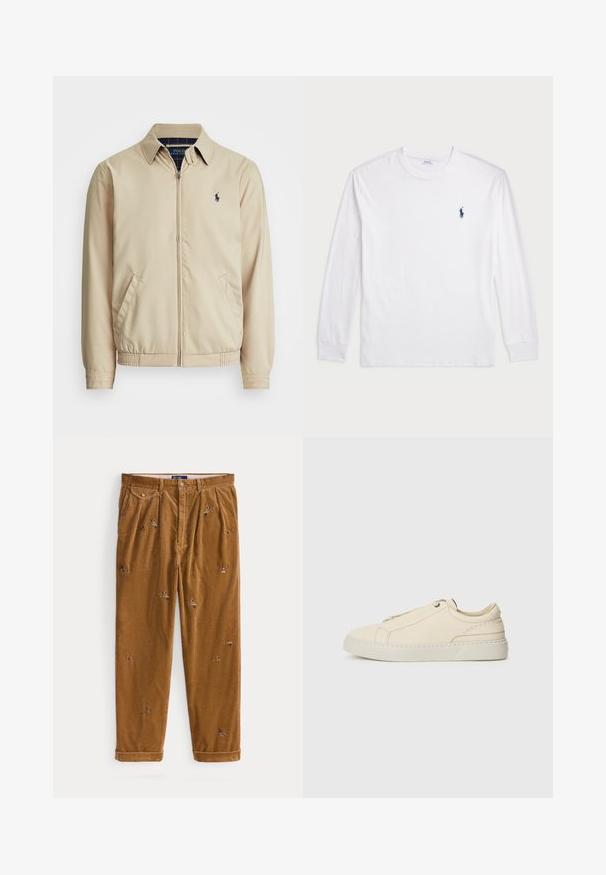 Chaqueta de cremallera de color beige claro con cuello tipo solapa, bolsillos laterales, cintura elástica y un pequeño logo azul marino en el pecho. Textura suave.; Camiseta blanca de manga larga hecha de algodón. Presenta un cuello redondo, puños acanalados y un pequeño logotipo de polo azul marino en el lado izquierdo del pecho.; Pantalones marrones de pana con patos voladores bordados, cierre con botones, bolsillos delanteros y dobladillos con puños, colocados planos sobre fondo blanco.; Zapatilla de cuero beige con punta redondeada, diseño minimalista, detalles de costura sutiles y parte superior texturizada, sobre una suela clara.