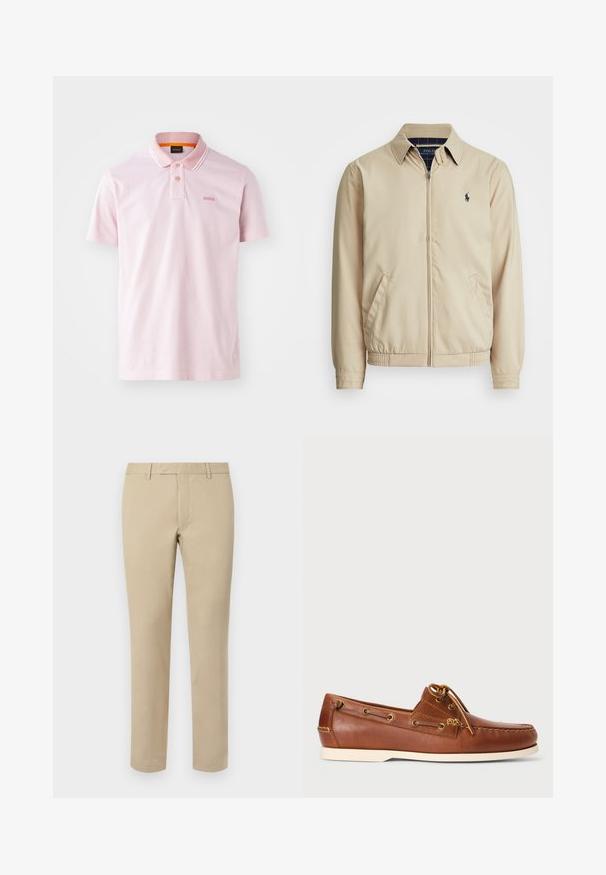 Ljussand zip-up jacka med krage, sidofickor, elastisk midja och en liten marinblå logo på bröstet. Slät textur.; Pikétröja i mjuk rosa bomull, med krage, två knappar och subtilt varumärkeslogotyp på bröstet. Har kontrasterande kantdetaljer.; Beige bomullsbukser med rak skärning, utrustade med bälteshällor, flat framsida och skräddarsydda fållar. Slät textur och minimal detaljer.; Bruna läderskon för båt, med snörning, gyllene ögla och krämfärgad gummisula. Utformad med ett upphöjt sömnads-mönster på tån.