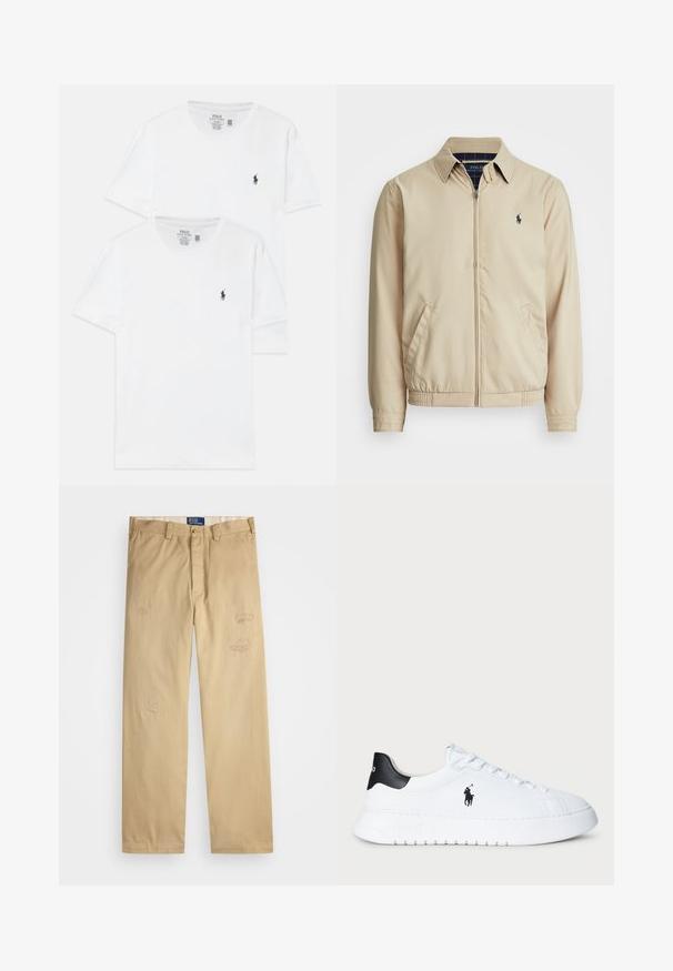 Helebeige tõmblukk-jakk, millel on kraega kaelus, küljetaskud, elastne vöökoht ja väike tumesinine logo rinnal. Sile tekstuur.; Kaks valget puuvillast lühikeste varukatega T-särki, millel on rinnal väike tumedasinine logo ja klassikaline ümar kaelus.; Beezist puuvillased püksid sirge lõikega. Ees on kahjustatud kohad ja tikkimisdetailid. Klassikaline nööbiga ja tõmblukuga sulgemine.; Valged madala varrega tennisesokid musta kandiga ja musta Polo Ralph Laureni logoga külgedel, valgete paeltega ja paksu kummitaldiga.