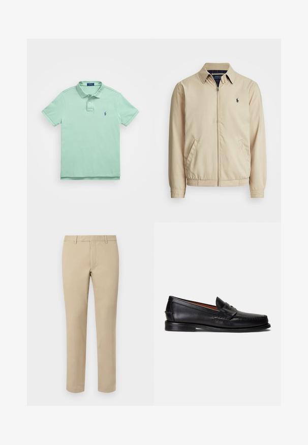 Světlá béžová zipová bunda s límcem, bočními kapsami, elastickým pasem a malým námořnickým logem na hrudi. Hladká textura.; Polo Ralph Lauren THE ICONIC MESH POLO SHIRT - Polotričko - faded mint; Beige bavlněné kalhoty rovného střihu, s poutky na pás, plochým předním dílem a upravenými lemy. Hladká textura a minimální detaily.; Černé kožené mokasíny s hladkým povrchem, zaoblenou špičkou a ozdobným páskem přes horní část. Mají nízkou černou podrážku.