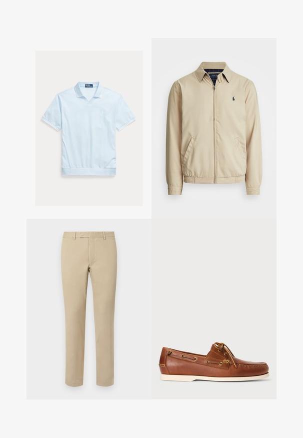 Světlá béžová zipová bunda s límcem, bočními kapsami, elastickým pasem a malým námořnickým logem na hrudi. Hladká textura.; Světle modré polo tričko s krátkými rukávy, výstřihem do V a žebrovaným límcem. Na hrudi malá značka a přiléhavý lem. Měkká textura látky.; Beige bavlněné kalhoty rovného střihu, s poutky na pás, plochým předním dílem a upravenými lemy. Hladká textura a minimální detaily.; Hnědé kožené lodní boty s šněrováním, zlatými kroužky a krémovou gumovou podrážkou. Navrženy s vyvýšeným švem na špičce.