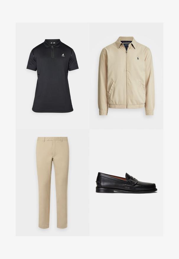 Svijetlosmeđa jakna na zatvarač s ovratnikom, bočnim džepovima, elastičnom trakom u struku i malim mornarsko plavim logom na prsima. Glatka tekstura.; Crna polo majica izrađena od tkanine koja odvodi vlagu, s ovratnikom na patentni zatvarač, kratkim rukavima i suptilnim logotipom na prsima.; Bež pamuk hlače ravnog kroja, s petljama za remen, ravnim prednjim dijelom i krojenim rubovima. Glatka tekstura i minimalni detalji.; Crne kožne mokasine s glatkom završnom obradom, zaobljenim vrhom i ukrasnim remenom preko gornjeg dijela. Imaju nisku crnu potplatu.