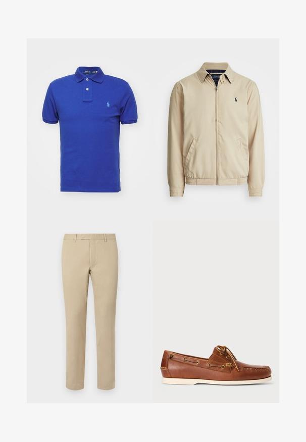 Lys beige zip-up jakke med krage, sidelommer, elastisk liv, og en liten marineblå logo på brystet. Glatt tekstur.; Polo Ralph Lauren SLIM FIT POLO SHIRT - Poloskjorter - blue; Beige bomullsbukser med rett snitt, med beltehemper, flat front og skreddersydde nederkanter. Jevn tekstur og minimal detaljering.; Brune lærbådssko med snørebånd, gyldne øjer og cremet gummisål. Designet med et hævet sy-mønster på tåen.