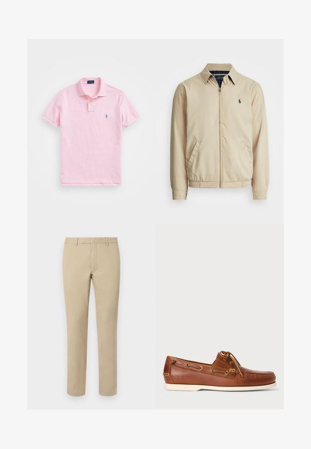 Lys beige zip-up jakke med krage, sidelommer, elastisk liv, og en liten marineblå logo på brystet. Glatt tekstur.; Lys rosa polo skjorte laget av bomull, med en knappestolpe med to knapper, korte ermer, og en liten blå brodert logo på brystet.; Beige bomullsbukser med rett snitt, med beltehemper, flat front og skreddersydde nederkanter. Jevn tekstur og minimal detaljering.; Brune lærbådssko med snørebånd, gyldne øjer og cremet gummisål. Designet med et hævet sy-mønster på tåen.