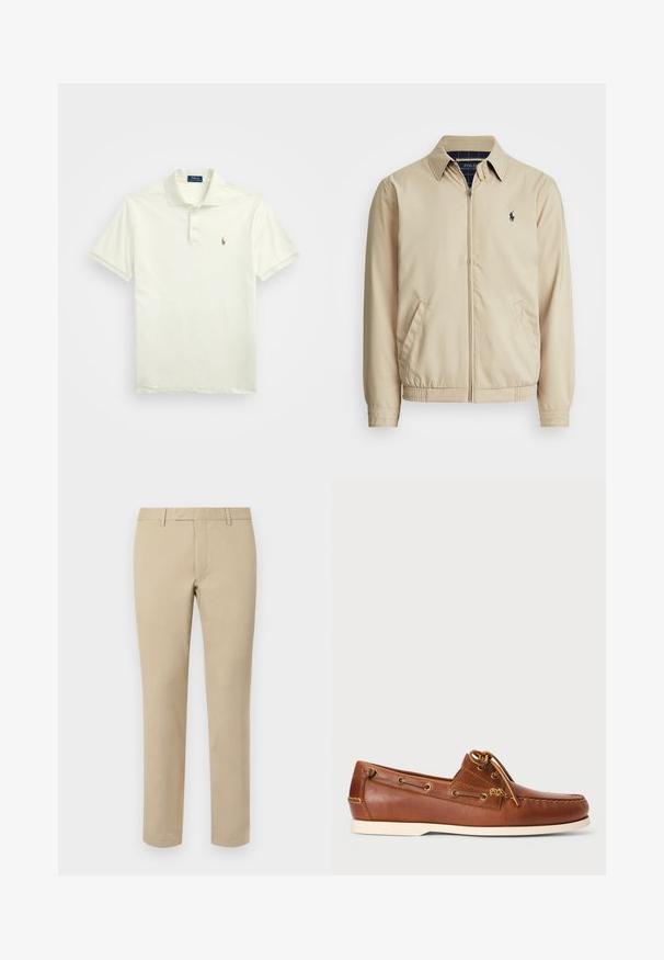 Casaco zip-up de bege claro com gola, bolsos laterais, cintura elástica e um pequeno logotipo azul-marinho no peito. Textura suave.; Polo Ralph Lauren CUSTOM SLIM FIT SOFT COTTON POLO SHIRT - Polo - parchment cream; Calças de algodão bege com corte reto, apresentando passantes para cinto, frente lisa e bainhas ajustadas. Textura suave e detalhes mínimos.; Sapatilha de barco em pele castanha com atacadores, ilhós dourados e sola em borracha clara. Projetada com um padrão de costura elevada na ponta.