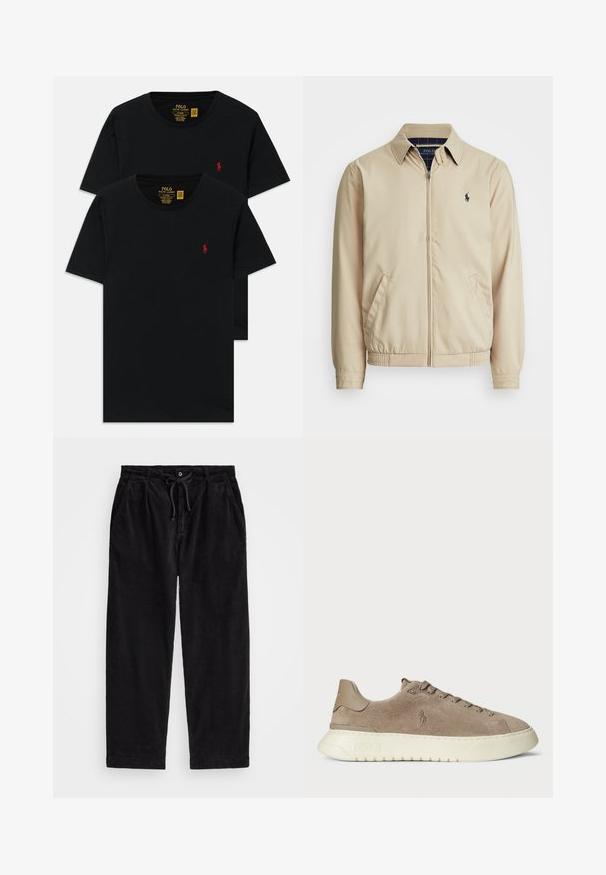 Gai smilškrāsas zip-up jaka ar apkakli, sānu kabatām, elastīgu vidukli un mazu tumši zilu logotipu uz krūtīm. Gluda tekstūra.; Melna kokvilnas T-krekli ar apaļu kaklu divu iepakojumā, ar mazu sarkanu izšūtu logotipu uz krūts. Pielāgota plāna piegriezuma dizains.; Melnas korduroja bikses ar brīvu piegriezumu, ar elastīgu jostu un auklu, kā arī sānu kabatām. Audumam ir ribota tekstūra.; Cimdi no zamšas taupe krāsā ar baltu gumijas zoli. Ievērojamas iezīmes ietver šņorējamu priekšpusi un logotipu, kas iepresēts sānos un papēdī.