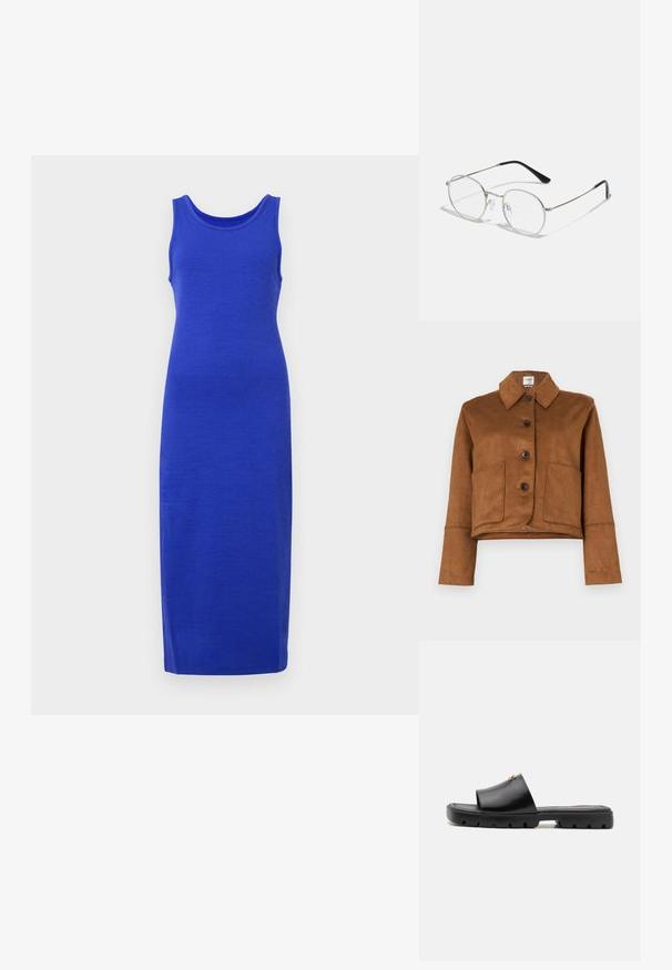 Abercrombie & Fitch Vegan Suede Button-Through Jacket - Lengva striukė - tannin; Mėlyna be rankovių suknelė, pagaminta iš lygaus audinio, su apvalia iškirpte ir ilgu, prigludusiu siluetu, be papildomų raštų ar detalių.; Juodi mulesai su lygiu, matinio odos viršumi ir storu, tekstūruotu guminiu padu. Išskirtinis aukso akcentas viršuje. Paprastas, atviras dizainas.; Apvalūs metaliniai akinių rėmeliai su plonu sidabriniu rėmu, skaidriais lęšiais ir juodomis šakutėmis, turinčiomis guminį antgalius patogumui. Minimalistinis dizainas.