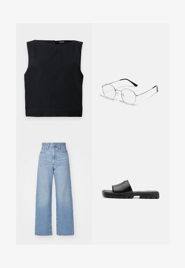 Abercrombie & Fitch Vegan Suede Button-Through Jacket - Kerge jope - tannin; Must oma õlata top mustast kangast, millel on lai kaelus ja sirge lõikega. Valmistatud siledast kangast, tagaküljel lukk ja minimaalne disain.; Heledad sinine kõrge vöökohaga laiad teksad, ees nupp ja tõmblukk, ees ja taga taskud, valge tausta peal.; Mustad mustad mustad pehmeast, mati nahast ülemisest osast ja paksust tekstureeritud kummist tallast. Märkimisväärne kullast riistvara aktsent ülemises osas. Lihtne, avatud disain.; Ümmargused metallist prilliraamid, millel on õhuke hõbedane raam, selged läätsed ja mustad templid, millel on mugavuse tagamiseks kummist otsikud. Minimalistlik disain.