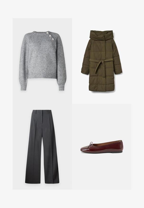 Zelený prešívaný kabát s vysokým golierom, opaskom na zaväzovanie v páse a prešívaným dizajnom. Má hladkú textúru a dlhé rukávy.; Sivý pletený sveter s dlhými rukávmi, rebrovaným lemom a tromi dekoratívnymi gombíkmi na ľavom pleci, s jemnou textúrou.; Nohavice s širokými nohavicami z tmavošedej látky, s vysokým pásom, jedinými záhybmi a hladkou textúrou s čistým zakončením na lemoch.; Burgundské lakované balerínky s okrúhlou špičkou, malou mašľou na prednej strane a nízkou čiernou gumovou podrážkou. Hladký povrch.