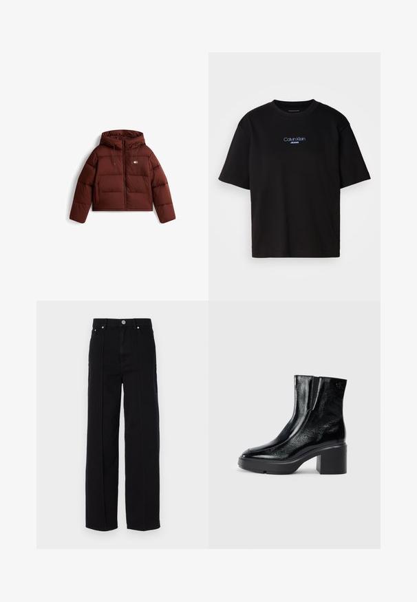 Braune Puffjacke mit Kapuze, ausgestattet mit einem Vorderreißverschluss und einem Kordelzug, gestepptem Design und zwei Fronttaschen.; Schwarzes Baumwoll-T-Shirt mit Rundhalsausschnitt, kurzen Ärmeln und blau gesticktem "Calvin Klein JEANS"-Logo auf der Vorderseite.; Schwarze Denim-Hosen mit weitem Bein und hoher Taille, ausgestattet mit fünf Taschen, Metallknopfverschluss und geradem Nahtdetail an den Seiten.; Schwarze Lackleder-Stiefeletten mit einer geschwungenen Zehenpartie, elastischen Seiteneinsätzen und einem klobigen Blockabsatz. Mit geprägtem Logo auf der Rückseite.