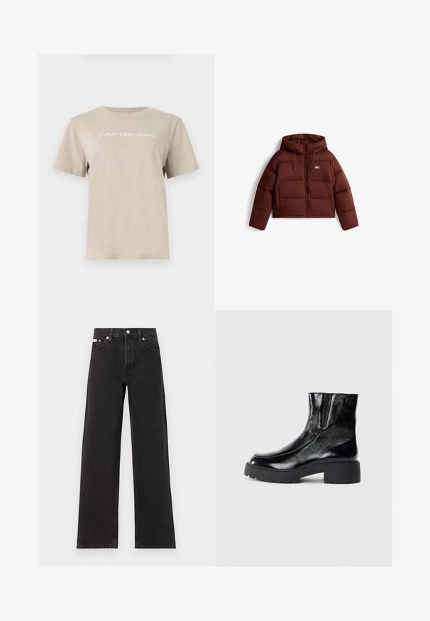 Brūns pūkains mētelis ar kapuci, ar priekšējo rāvējslēdzēju un saites regulēšanu, izšūts dizains un divas priekšējās kabatas.; Bežs koksnes T-krekls ar īsām piedurknēm, ar baltu drukātu "Calvin Klein Jeans" logo krūtīs. Klasiska apaļā kakla dizains.; Melni platmalu džinsi, kas izgatavoti no denima, ar augstu vidukli, piecu kabatu dizainu un metāla pogas aizdari ar kontrastējošu šuvumu.; Melnas potītes zābaki ar spīdīgu lakotu ādas apdari, masīvu melnu gumijas zoli un paaugstinātu papēdi; satur subtilu logotipa detaļu sānu daļā.
