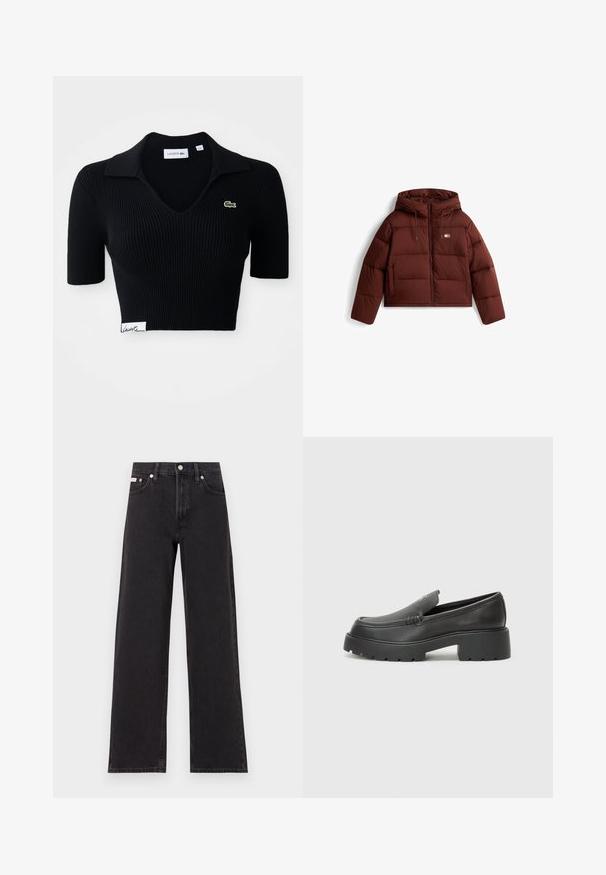 Rjava puhovka z kapuco, s sprednjim zadrgo in vrvico, prešita zasnova ter dvema sprednjima žepoma.; Črna skrajšana polo majica iz rebraste tkanine z V-izrezom, kratkimi rokavi in zelenim vezenim logotipom na levem prsnem delu. Bela oznaka na robu.; Črne široke jeans hlače iz denima, s poudarjenim pasom, petimi žepi in kovinskim gumbom za zapiranje ter kontrastnim šivanjem.; Črne usnjene loafers čevlje z zaobljenim nosom, debelim teksturiranim podplatom in minimalnimi šivi. Elegantna zasnova brez vidnih vezalk ali kovinskih delov.