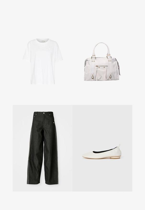 Black long wool coat with notched lapels, two buttons, side pockets, and a smooth inner lining.; White cotton t-shirt with a relaxed fit, short sleeves, crew neck, and small heart logo on the left chest area. Smooth texture.; Black denim wide-leg pants with white side stripes, featuring front pockets, a button-up fly, and a subtle logo near the waistband.; White leather ballet flat with rounded toe, low stacked heel, black inner lining, and pull tab at the heel, shown in side profile on white background.; White leather handbag with gold hardware, dual handles, zippered top, and front pocket. Features pleated design and side tassels.