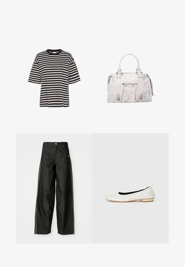 Manteau long noir en laine avec des revers décrochés, deux boutons, poches latérales et doublure intérieure lisse.; T-shirt rayé en marine et crème, avec un col rond, des manches courtes, une coupe carrée et une texture en coton doux.; Pantalons en denim noir à jambes larges avec des rayures latérales blanches, dotés de poches avant, d'une fermeture à bouton et d'un logo subtil près de la taille.; Ballerines blanches en cuir avec bout rond, petit talon empilé, doublure intérieure noire et languette au talon, présentées en profil latéral sur fond blanc.; Sac à main en cuir blanc avec quincaillerie dorée, double poignées, dessus zippé et poche frontale. Doté d'un design plissé et de franges sur les côtés.