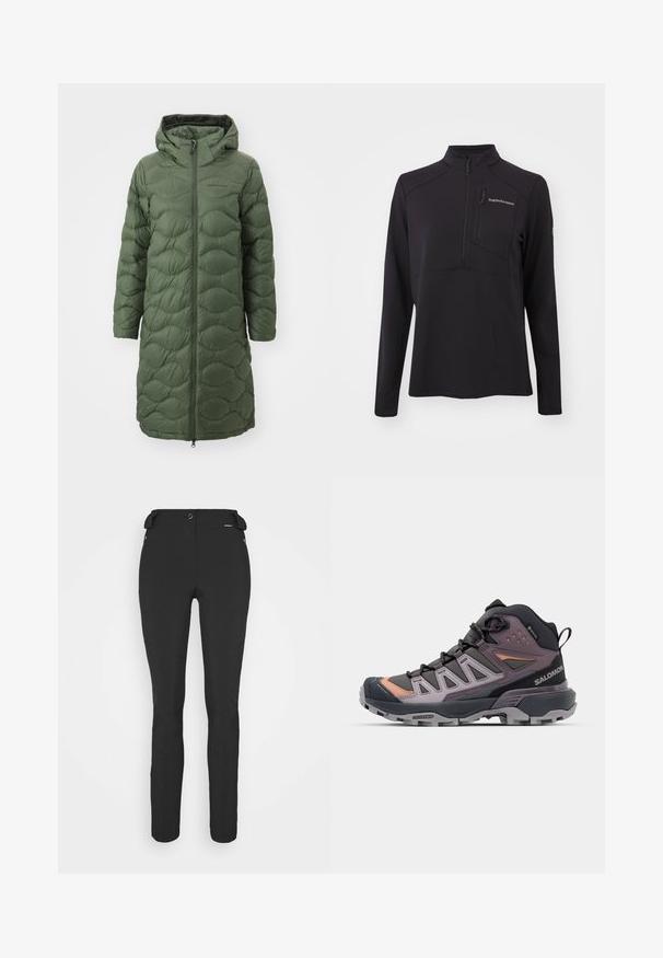 Peak Performance HELIUM COAT - Pūkinis paltas - pine needle; Juodas ilgomis rankovėmis megztinis pagamintas iš tekstūruoto medžiagos, turintis pusiau užtrauktuką, aukštą apykaklę ir užtrauktuką su kišenę krūtinėje. Prekės ženklas ant priekio.; Juodos, prigludusios kelnės, pagamintos iš lankstaus medžiagos. Ypatybės: šoninis kišenės užtrauktuku, suformuotos kelių sritys ir lygi tekstūra.; Aukštos kalnų žygio bateliai su juodu, pilku ir levandų sintetiniais paviršiais, tekstūruotu padu ir pilkomis raištelėmis, turi sustiprintą pirštų dalį.