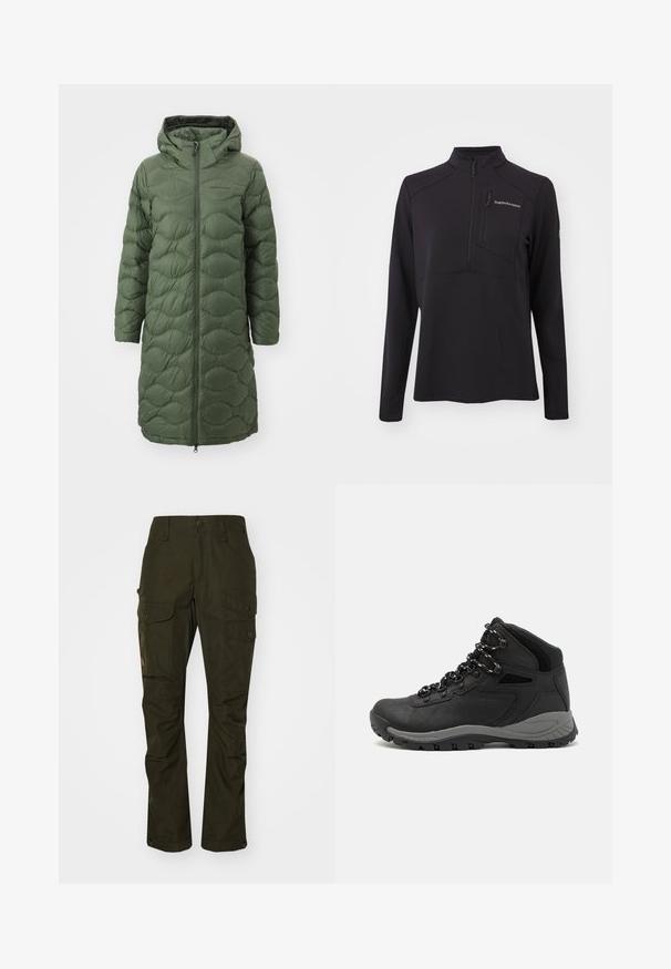Peak Performance HELIUM COAT - Dunkappa / -rock - pine needle; Svart långärmad tröja i texturerat material, med halvdragkedja, hög krage och ficka med dragkedja på bröstet. Logotyp på framsidan.; Fjällräven VIDDA PRO VENTILATED TRS W - Friluftsbyxor - deep forest; Svart vandringskänga med mellanhög design, som har en texturerad överdel, grå accenter och en slitstark gummisula med greppklackar.