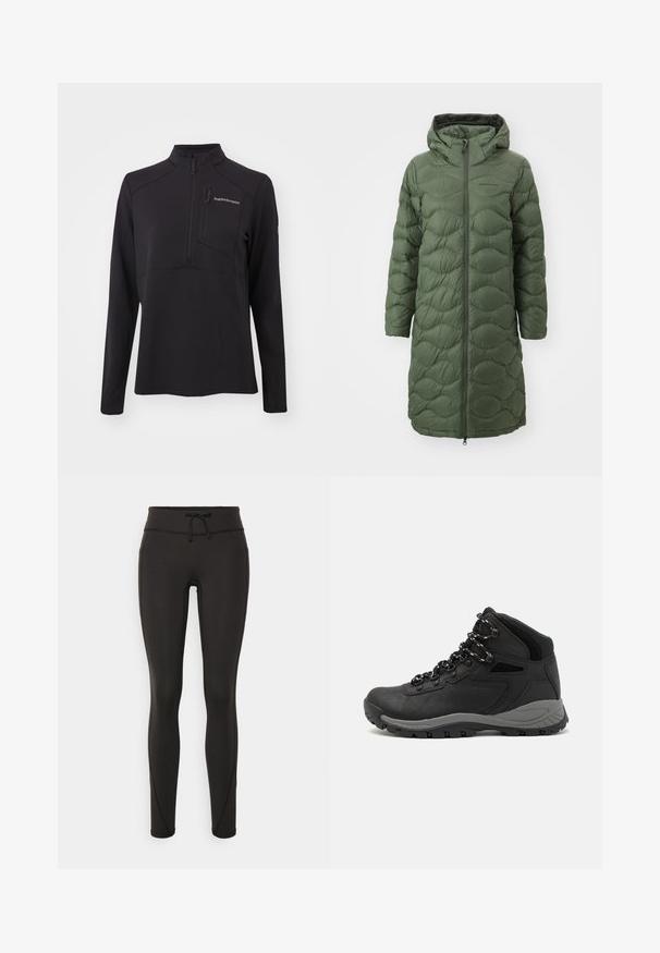 Peak Performance HELIUM COAT - Dunfrakker - pine needle; Sort langærmet pullover lavet af struktureret materiale, med en halv lynlås, høj krave og en lynlås lomme på brystet. Brandlogo på fronten.; Sort Columbia t-shirt med hvid cirkulær bjerg- og flodlinjekunst samt teksten "Columbia Sportswear Company Udenfor Siden 1938."; Sorte leggings med høj talje, snøre, glat tekstur og tætsiddende design. Har syningsdetaljer langs siderne.; Sort vandrestøvle med en mellem-højde design, der har en tekstureret overdel, grå detaljer og en holdbar gummisål med skridsikre klodser.