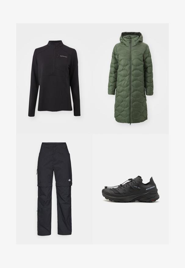 Peak Performance HELIUM COAT - Pūkinis paltas - pine needle; Juodas ilgomis rankovėmis megztinis pagamintas iš tekstūruoto medžiagos, turintis pusiau užtrauktuką, aukštą apykaklę ir užtrauktuką su kišenę krūtinėje. Prekės ženklas ant priekio.; Juodos nailoninės krovinių kelnės su reguliuojamais rankovėmis, daugybe kišenių ir logo ant dešinės kojos. Lygi, lengva tekstūra.; Juodi bėgimo batai trail su tekstūruota viršutinė dalimi, tinklinėmis dalimis ir saugiai užsegamu sistemu. Turima tvirta pado struktūra, užtikrinanti sukibimą.