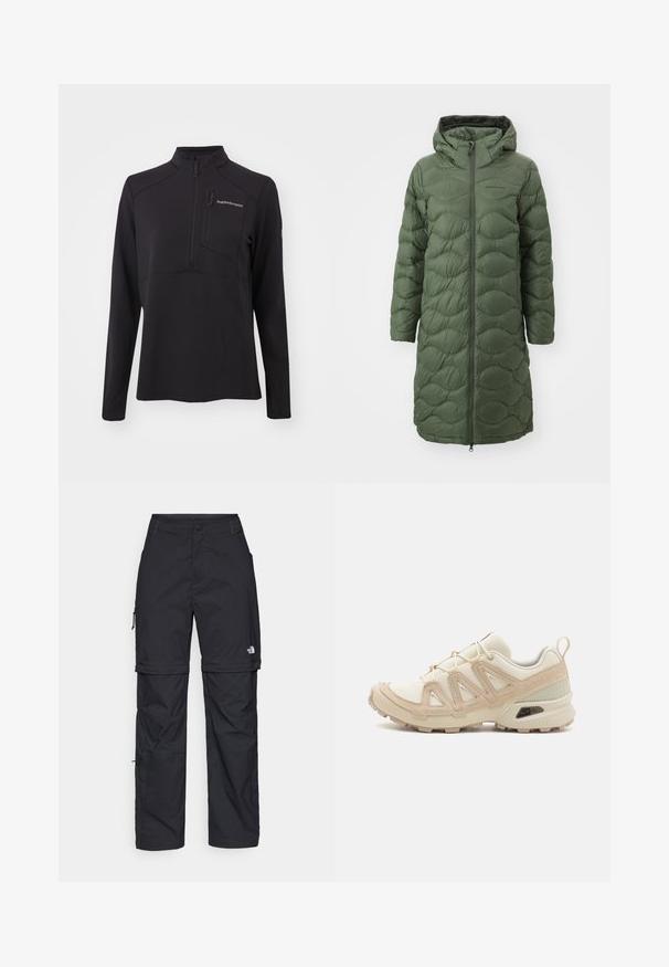 Peak Performance HELIUM COAT - Casaco de penas - pine needle; Pullover preto de manga longa feito de material texturizado, apresentando um fecho de meia-zíper, gola alta e um bolso no peito com zíper. Logotipo da marca na parte da frente.; Calças cargo pretas em nylon com fechos de correr removíveis, punhos ajustáveis, múltiplos bolsos e um logótipo na perna direita. Textura suave e leve.; Sapatilha atlética beige e creme com parte superior em malha texturizada, sobreposições de suporte e sola de borracha com um padrão de cravo para tração.