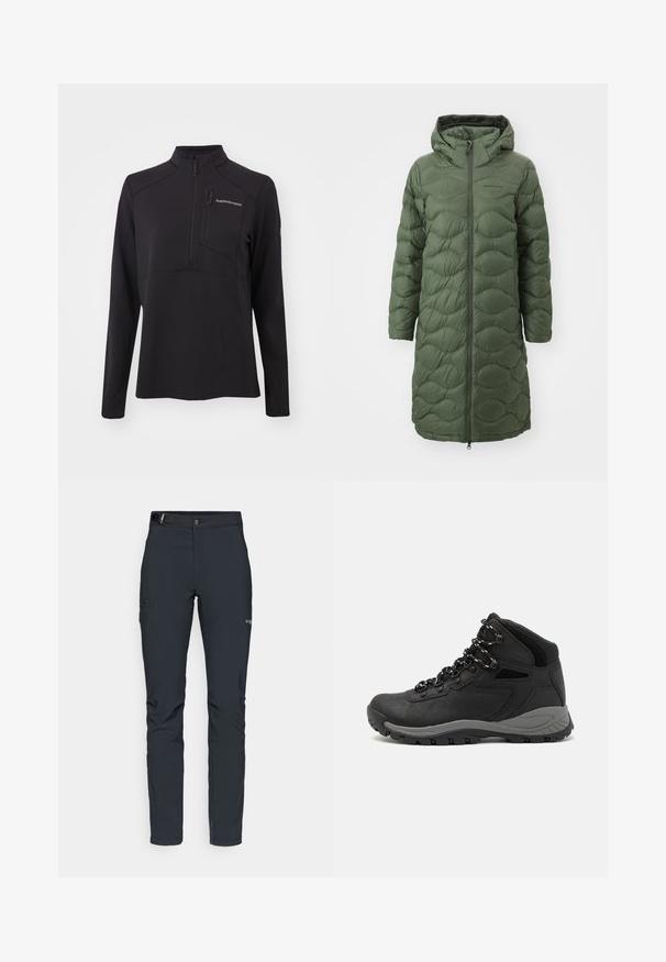 Peak Performance HELIUM COAT - Tollkabát - pine needle; Fekete, hosszú ujjú pulóver, texturált anyagból készült, félig cipzárral, magas gallérral és cipzáros mellzsebbel. Elöl található a márka logója.; Férfi kültéri nadrág, sötétszürke, rugalmas anyagból készült, övvel, cipzáros zsebekkel és megerősített varratokkal.; Fekete túracipő közepes magasságú kialakítással, texturált felsőrésszel, szürke részletekkel és strapabíró gumitalppal, amelynek tapadós kiemelkedései vannak.