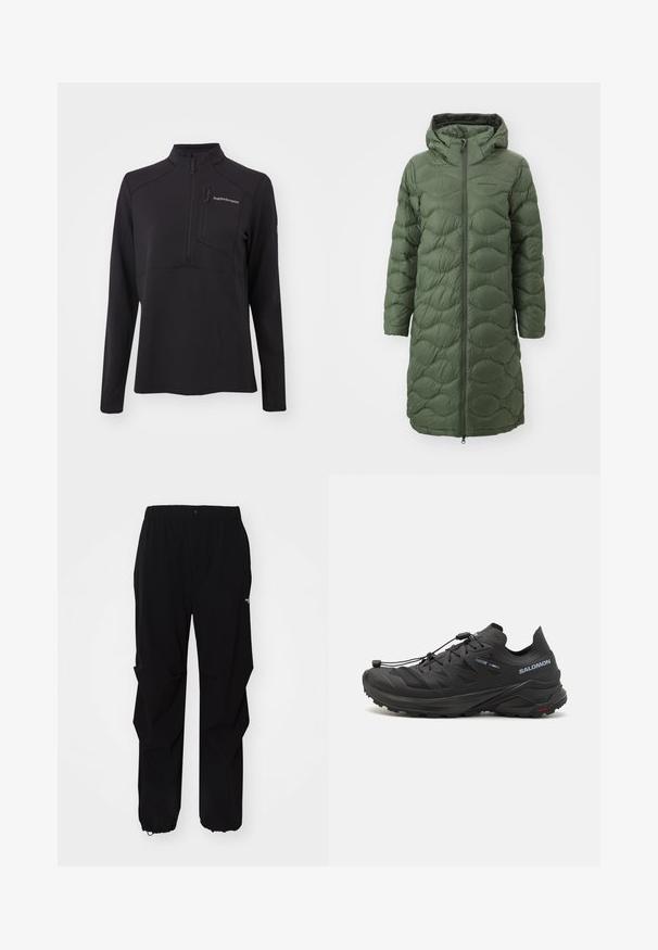 Peak Performance HELIUM COAT - Piumino lungo - pine needle; Pullover nero a maniche lunghe realizzato in materiale testurizzato, con zip a metà, colletto alto e tasca sul petto con zip. Logo del marchio sul davanti.; Pantaloni neri da esterno realizzati in materiale resistente, con vestibilità rilassata, cintura elastica e polsini regolabili per lunghezza adattabile.; Scarpe da trail running nere con una parte superiore testurizzata, pannelli in rete e un sistema di chiusura sicuro. Presentano una suola robusta per una buona trazione.