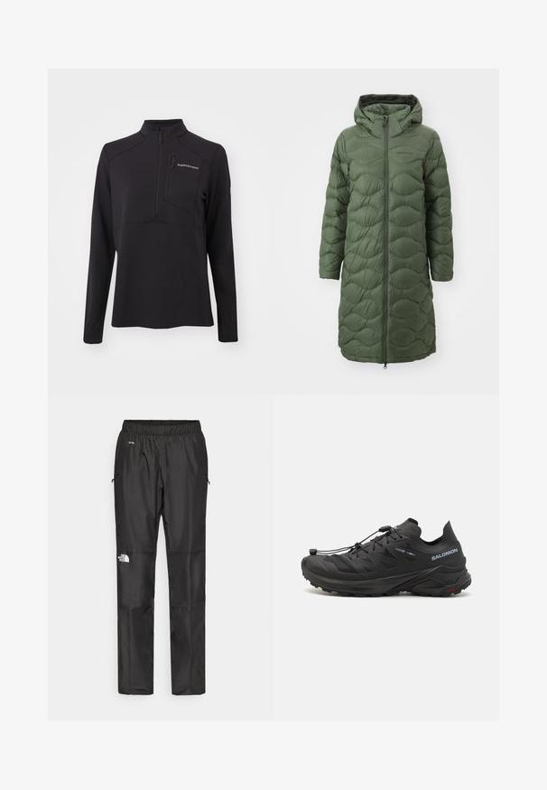 Peak Performance HELIUM COAT - Daunenmantel - pine needle; Schwarzer Pullover mit langen Ärmeln aus strukturiertem Material, ausgestattet mit einem Halbreißverschluss, hohem Kragen und einer Reißverschlusstasche auf der Brust. Markenlogo auf der Vorderseite.; Schwarze wasserdichte Hose aus leichtem Material, mit elastischem Bund, Seitentaschen und einem Logo am linken Bein.; Schwarze Trailrunning-Schuhe mit einem strukturierten Obermaterial, Netzpanelen und einem sicheren Verschlusssystem. Verfügt über eine robuste Außensohle für besten Halt.