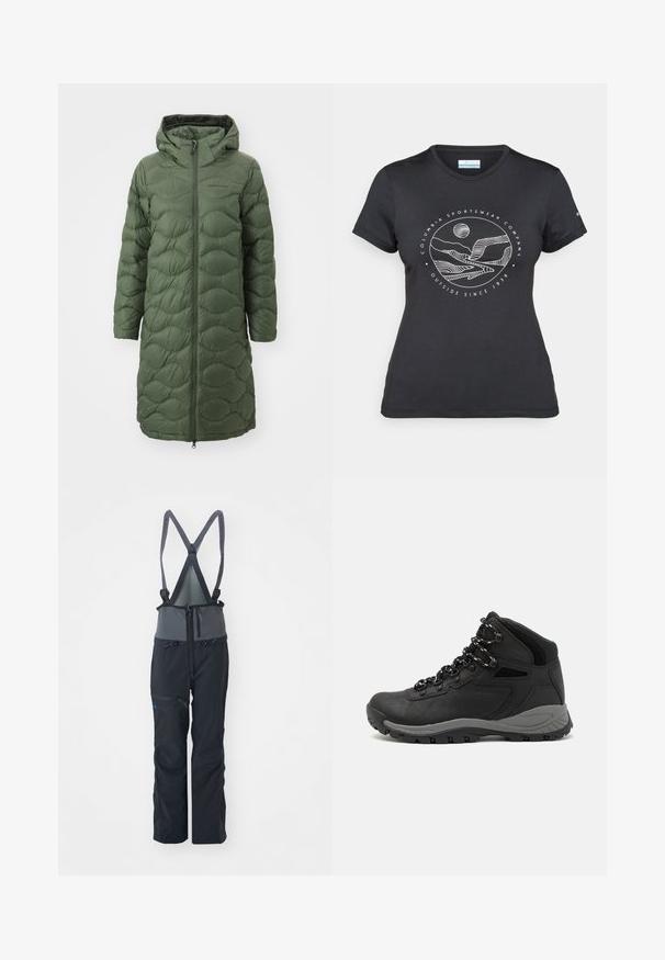 Peak Performance HELIUM COAT - Sulemantel - pine needle; Musternine Columbia T-särk mustas värvuses, millel on valge ümmargune mägi ja jõe joonistus ning tekst "Columbia Sportswear Company Outside Since 1938."; Mustade lumepüksid reguleeritavate rihmadega, lukuga esi-tasku ja hallid kangasaktsentidega. Omadusteks on lukuga reie-tasku.; Mustarjaline matkasaabas, millel on keskmine disain, tekstuuriga ülemine osa, hallid aktsendid ja vastupidav kummist põhi, millel on haardelugesid.