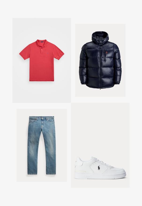 Granatowa kurtka puchowa z kapturem, z pełnym zapięciem na zamek z przodu, zamykana kieszeń na piersi, kieszenie boczne oraz czerwona haftowana aplikacja na klatce piersiowej.; Czerwona bawełniana koszulka polo z krótkimi rękawami, zapinana na dwa guziki, z małym niebieskim logo na lewej piersi. Gładka tekstura, klasyczny krój.; Jasnoniebieskie dżinsy o prostym kroju, zapinane na guziki, z pięcioma kieszeniami, delikatnym wypłowieniem i przeszyciami.; Biały sportowy but z fakturowaną skórzaną cholewką, okrągłym noskiem, płaskimi sznurowadłami oraz czarnym logo po boku. Gumowa podeszwa z wzorem bieżnika.