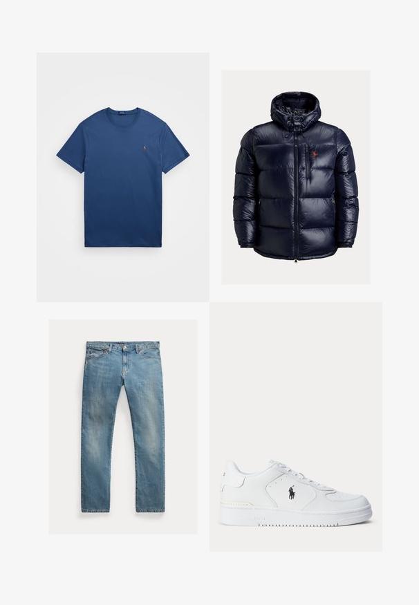 Granatowa kurtka puchowa z kapturem, z pełnym zapięciem na zamek z przodu, zamykana kieszeń na piersi, kieszenie boczne oraz czerwona haftowana aplikacja na klatce piersiowej.; Polo Ralph Lauren Big & Tall - T-shirt basic; Jasnoniebieskie dżinsy o prostym kroju, zapinane na guziki, z pięcioma kieszeniami, delikatnym wypłowieniem i przeszyciami.; Biały sportowy but z fakturowaną skórzaną cholewką, okrągłym noskiem, płaskimi sznurowadłami oraz czarnym logo po boku. Gumowa podeszwa z wzorem bieżnika.