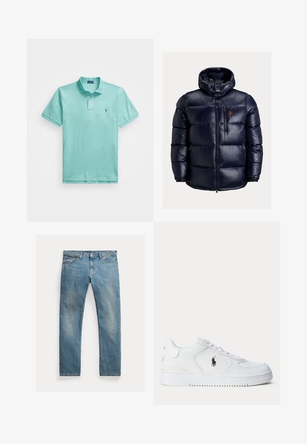 Granatowa kurtka puchowa z kapturem, z pełnym zapięciem na zamek z przodu, zamykana kieszeń na piersi, kieszenie boczne oraz czerwona haftowana aplikacja na klatce piersiowej.; Turkusowa koszulka polo wykonana z bawełny z zapięciem na trzy guziki, krótkimi rękawami i małym granatowym logo na lewej piersi.; Jasnoniebieskie dżinsy o prostym kroju, zapinane na guziki, z pięcioma kieszeniami, delikatnym wypłowieniem i przeszyciami.; Biały sportowy but z fakturowaną skórzaną cholewką, okrągłym noskiem, płaskimi sznurowadłami oraz czarnym logo po boku. Gumowa podeszwa z wzorem bieżnika.