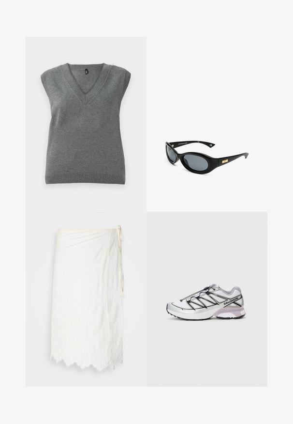 Gaišas zamšs apgriezts džemperis ar garām piedurknēm, divām priekšējām kabatām ar atloku, sudraba spiedpogu un norādītu apkakli uz balta fona.; Pelēka, bez piedurknēm, adīta džemperi veste ar V-veida kakla izgriezumu un ribotām malām, izlikta uz gaiša fona.; Balts apģērbs ar ziedu mežģīnēm, viļņotu apakšmalu un sānu sasiešanas aizdari, izstādīts uz vienkrāsaina fona.; Skriešanas apavi ar vieglu, baltu sietu augšdaļu, sudraba akcentiem un melnu auklu sistēmu; aprīkoti ar teksturētu zoli, kas nodrošina saķeri.; Melnas saulesbrilles ar ovālām lēcām, matēta apmale un zelta akcenti uz tempļiem. Tumši pelēkās lēcas nodrošina UV aizsardzību.; Melna ādas soma uz pleca ar zīmolu, slēdzamu rāvējslēdzēju un regulējamu siksnu. Gluda tekstūra un taisnstūru forma.