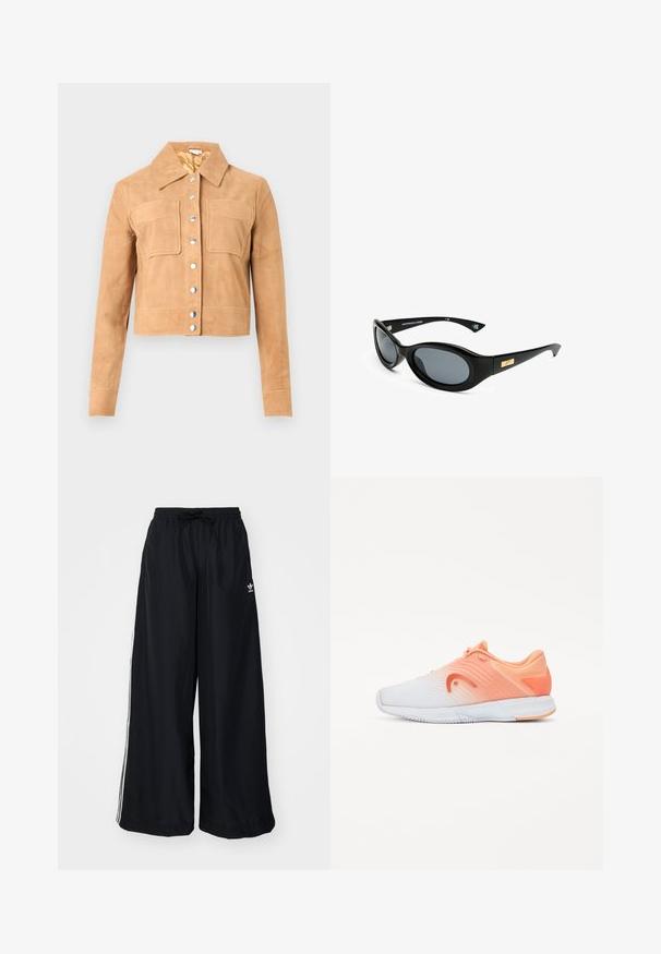 Kratki sako od smešnog suede materijala s dugim rukavima, dva prednja džepa s preklopom, srebrnim dugmadima na pritisak i oštrim kragnom na bijeloj pozadini.; Bijela majica kratkih rukava izrađena od mekanog materijala. Ima okrugli izrez i jednostavan, čist dizajn s ravnim rubom.; Crne široke hlače od lagane tkanine. Imaju elastičnu struk i vezicu, a s donje strane su ukrašene bijelim trakama. Logo branda se nalazi na kukovima.; Atletske cipele s gradijentnim dizajnom koji prelazi iz bijele u svijetlo narančastu, s teksturiranim gornjim dijelom i narančastim detaljima na peti.; Crne sunčane naočale s ovalnim staklima, mat okvirom i zlatnim akcentom na ušicama. Tamnosiva stakla pružaju UV zaštitu.