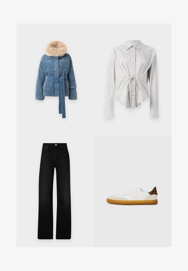 Zila pārklāta jaka ar plašu jostu un bežīgu mākslīgās kažokādas apkakli, izgatavota no kordūras auduma, izlikta uz baltā fona.; Gai pelēks garām piedurknēm krekls ar pieguļošu jostas daļu, pogu priekšpusi un tā vestes detaļu jostas daļā. Izgatavots no gludas auduma ar klasisku apkakli.; Melni plaši džinsi, kas izgatavoti no denima. Iezīmējas ar augstu jostasvietu, divām priekšējām kabatām un metāla pogu aizdari. Ar strukturētu apdari un minimālu izbalēšanu.; Balti sneakers ar faktūrētu zamšam un ādas augšdaļu, ar leopardu raksta akcentu uz papēža un gumijas zoli.
