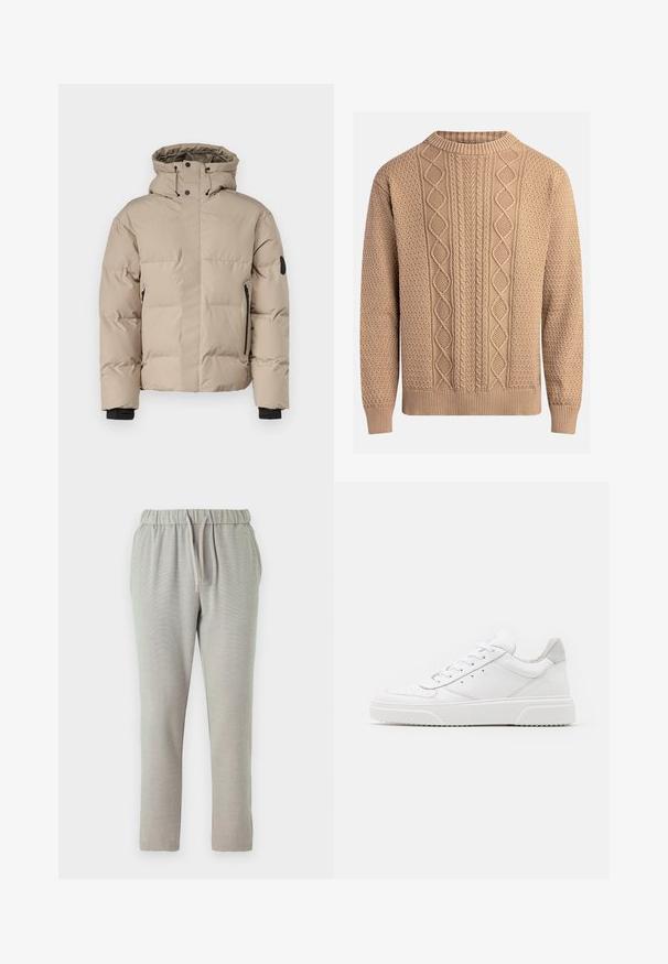 Beige zateplená bunda s kapucí, která má přední zip, boční zipové kapsy a elastické manžety pro teplo a pohodlí.; Beige pletený svetr s texturovanými vzory. Má kulatý výstřih, žebrované manžety a různorodé kabelkové pletené vzory na přední straně.; Světlé šedé tepláky s elastickým pasem se šňůrkou, zúženými nohavicemi a strukturovanou látkou pro větší pohodlí.; Bílé kožené tenisky s hladkým povrchem, zaoblenou špičkou, plochými tkaničkami a texturovanou podrážkou. Šedý semišový detail na patě.