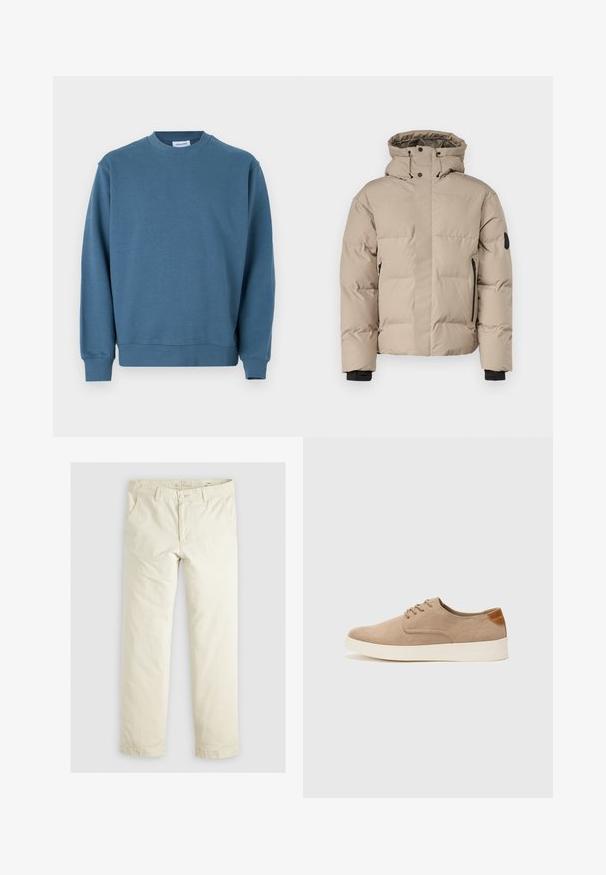 Bež jakna s izolacijom i kapuljačom, koja ima prednji zip zatvarač, bočne zip džepove i elastične manžete za toplinu i udobnost.; Plavi pamučni dukserica s okruglim izrezom, rebrastim manžetama i ravnim rubom. Ima glatku teksturu i ležeran kroj.; Svijetlosmeđi hlače širokog kroja s tri džepa, petljama za remen i ravnim nogavicama. Izrađene su od mekog pamuka i elastana.; Bež nubuk tenisice s okruglim vrhom, vezanjem sprijeda i teksturiranim stražnjim naglaskom. Bijela gumena potpetica pruža kontrast. Jednostavan i moderan dizajn.