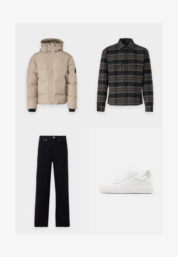 Beige isolert jakke med hette, med front zip lukking, sidelommer med glidelås og elastiske mansjetter for varme og komfort.; Klassisk svart og grå rutete jakke med krage, knapper foran og to brystlommer. Laget av et teksturert stoff.; Only & Sons ONSFADE LOOSE BOX - Løst sittende jeans - washed black; Hvite skinnsko med en glat overflate, rund tå, flate lisser og teksturert såle. Grå semsket innfelt ved hælen.